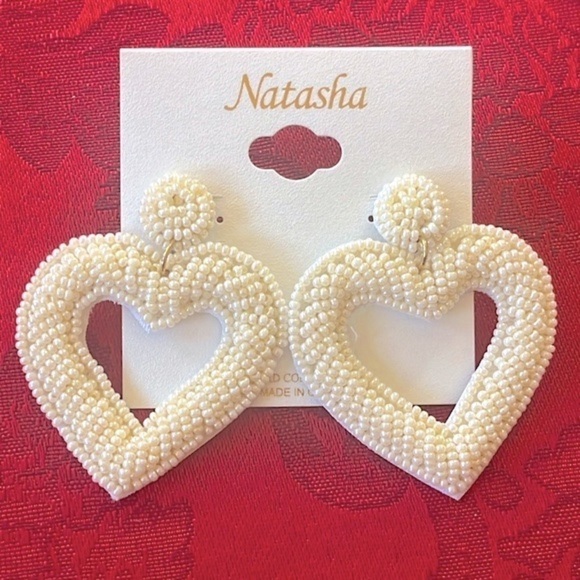 Brand New Natasha Beaded Pearl Cream Heart Drop Earrings Valentine’s Day - Picture 1 of 13